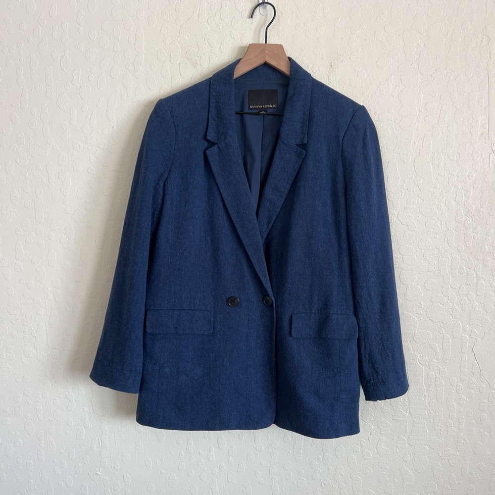 Banana Republic Linen Double Breasted Boyfriend Blazer Jacket 6 Navy Blue Office
